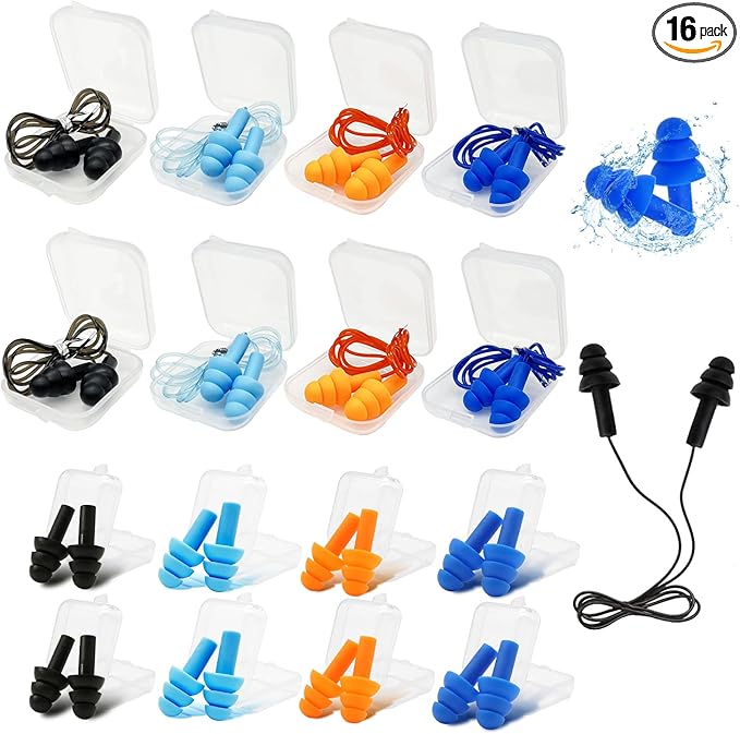 Silicone Ear Plugs for Sleeping,16 Pairs Soft Waterproof Noise Canceling Reduction Earplugs Waterproof Reusable Sound Blocking Earplugs for Concert,Swimming,Study,Loud Noise,Snoring (Dark)