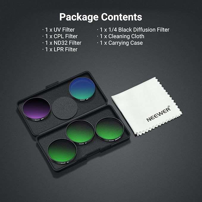 NEEWER Filter Set Compatible with DJI Osmo Action 6 Only, 5 Pack CPL + ND 32 + UV + LPR + Black Diffusion 1/4 Multicoated HD Optical Glass Snap On Lens Filters, Action Camera Accessories, FL-B4