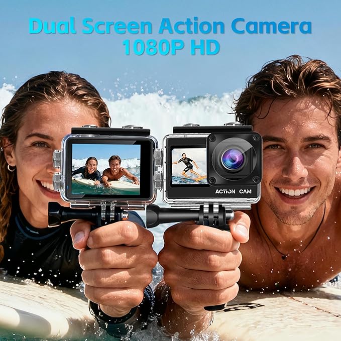 Action Camera FHD 1080P 16MP with 32GB Memory Card - 131FT/40M Waterproof Dual Screen Sports Camera,2X Batteries & Multifunctional Accessories Kit for Helmet, Bicycle