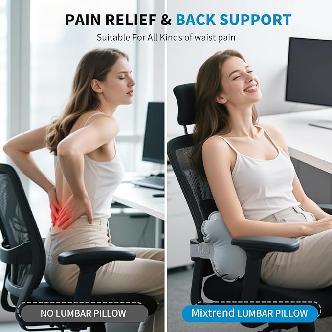 Mixtrend Travel Lumbar Pillow Inflatable Lumbar Support Pillow with Memory Foam, Back Support Pillow for Airplane Long Flight, Essential Travel Support Pillow for Women Men Kids