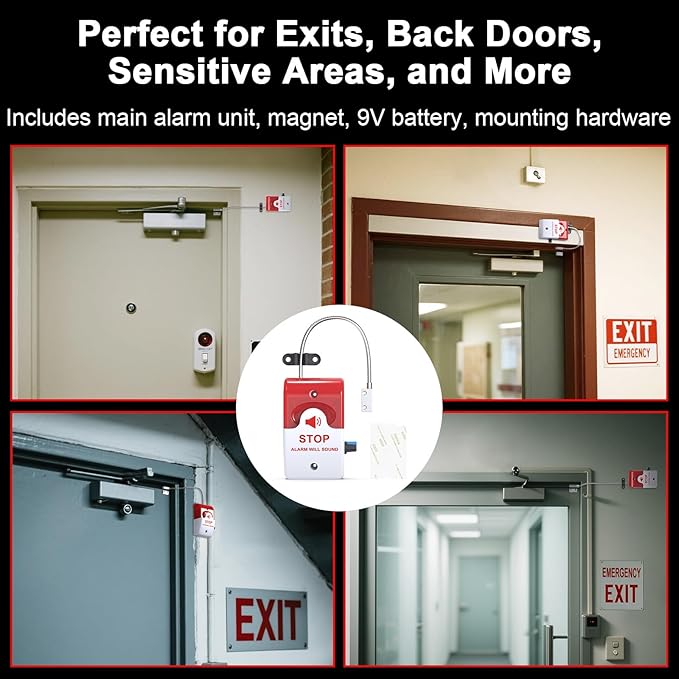 Exit Door Alarm with 110dB Siren, Emergency Exit Security Device, Easy Installation, Battery Powered, Magnetic Sensor for Unauthorized Entry Prevention, Home, Warehouse, Office, Retail Use