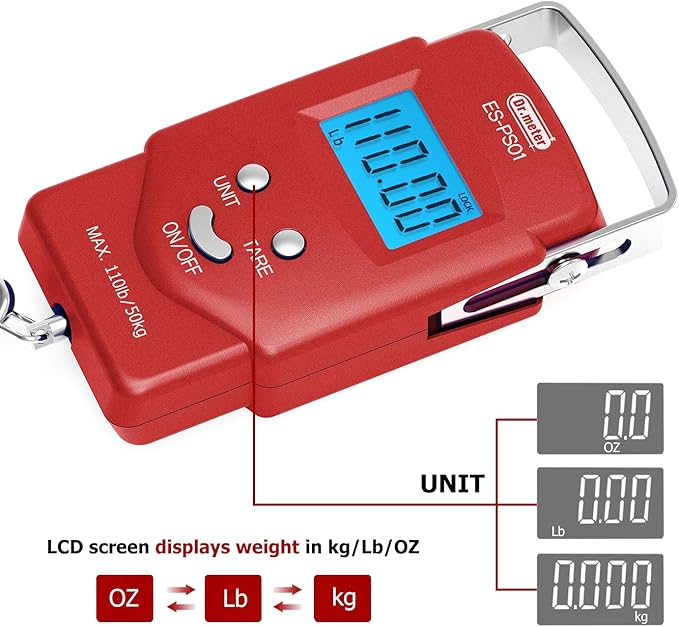 Dr.meter Fish Scale Luggage Scale Fishing Gear - 110lb Backlit LCD Display Digital Scale with Built-in Measuring Tape - Fishing Scale with 2 AAA Batteries, Pocket Size - Fishing Gifts for Men