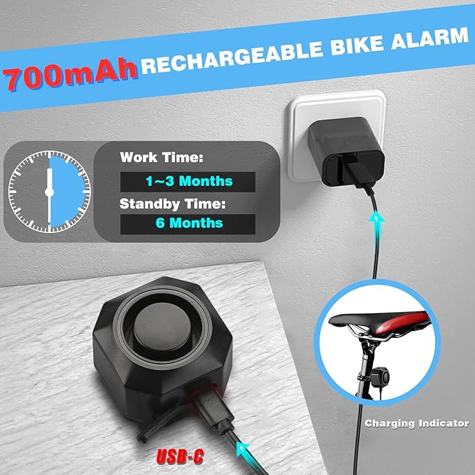 WSDCAM USB Rechargeable Bike Alarm with Remote, 110dB Loud Wireless Anti Theft Vibration Motion Sensor Vehicle Security Alarm System Waterproof Bicycle Trailer Motorcycle Alarm