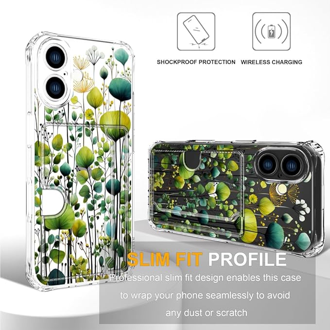 Compatible with iPhone 16 Plus Case Card Holder for Women Cute Design,Wallet Phone Cases Transparent Cool Kawaii Protective (Clear Green Flower Leaves Buds)