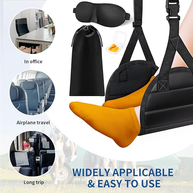 CushZone Airplane Foot Hammock, Foot Rest for Under Desk at Work, Length Adjustable Airplane Foot Rest, Travel Essentials with Eye Mask and Earplugs, Desk Foot Hammock to Relax Your Feet(2 Sets)