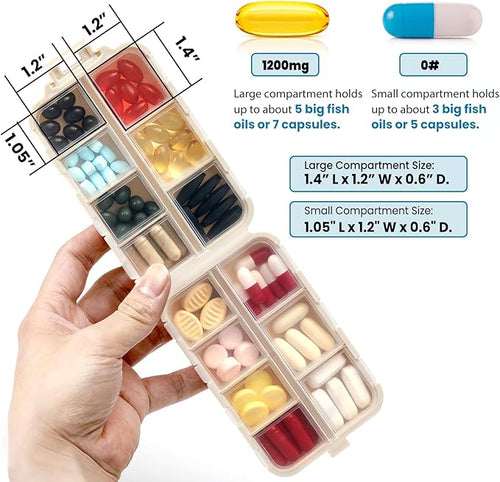 14 GRIDS Travel Pill Organizer Box with Labels - Travel Medicine Case Kit - Pocket Daily Pharmacy Container - Travel Medication Holder Dispenser for Fish Oil Vitamin Supplement Storage - Khaki