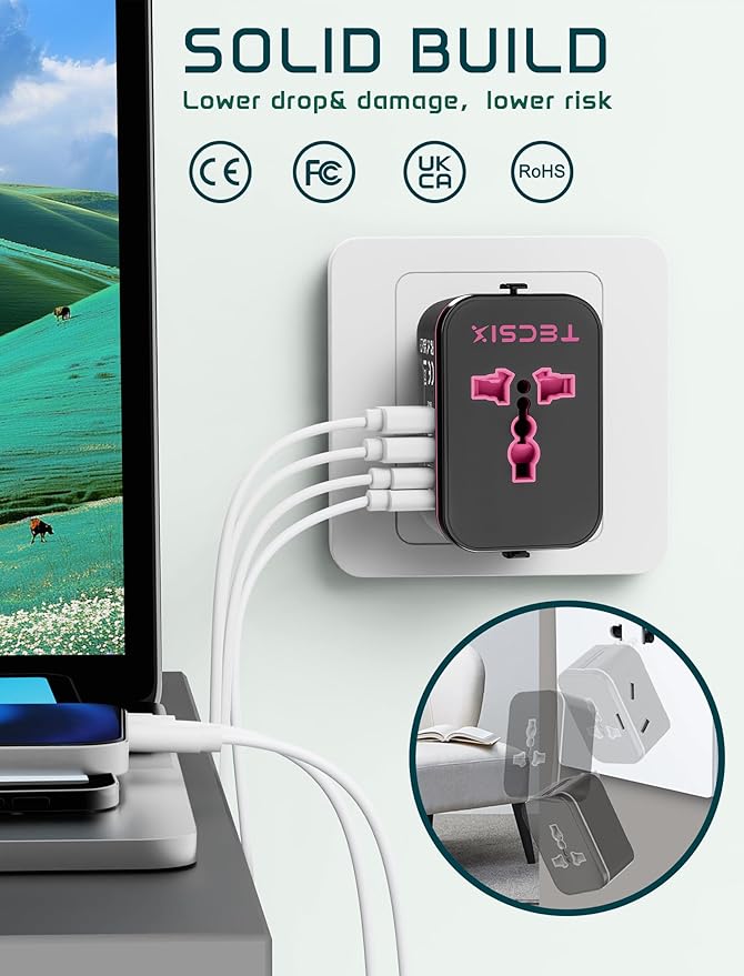 Universal Travel Adapter Worldwide, TECSIX European Travel Plug Adapter with 2 USB C, 2 USB A and Multi AC Outlets, International Power Converter for EU US UK AUS 200+ Countries Type A C G I