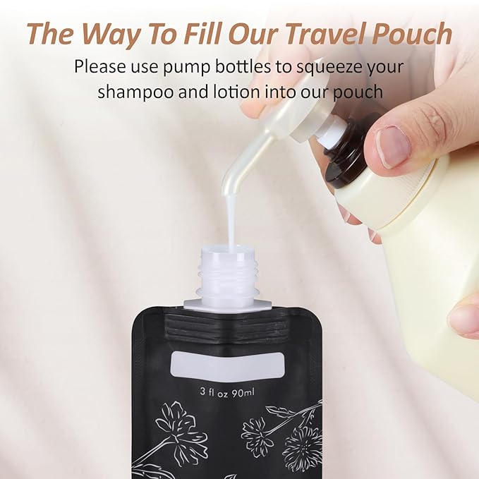 PACKISM 24 Pack Travel Pouches for Toiletries - 3 oz Leak Proof TSA Approved Liquid Containers, Squeeze Bags for Shampoo Lotion, Space Saving Refillable Carriers, Black Beige Chamomile