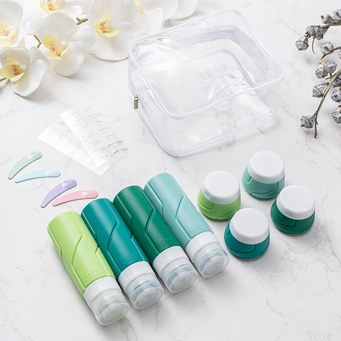 Travel Bottles for Toiletries 15 Pack, TSA Approved Travel Size Containers 3oz, LeakProof Silicone Squeezable Creams Jars, Refillable Toiletry Bottles for Shampoo, Conditioner (Green)