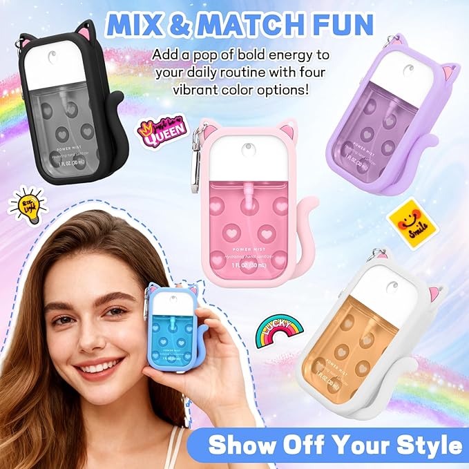 Cat Silicone Case Compatible with Touchland Hand Sanitizer Spray,1FL OZ/30ML Mist Holder with Keychain & 4 Cute Charms Accessory,Protective Cover for Touchland(1PCS Blue)