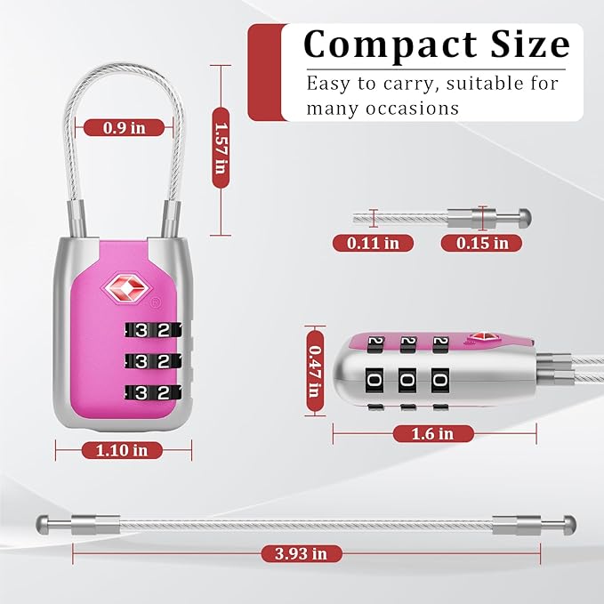 Joyway TSA Approved Luggage Lock, 3 Digit Combination Cable Lock with Alloy Body, Travel Combination Locks for Suitcases, Backpack and Golf Bag (Pink, 2Pack)
