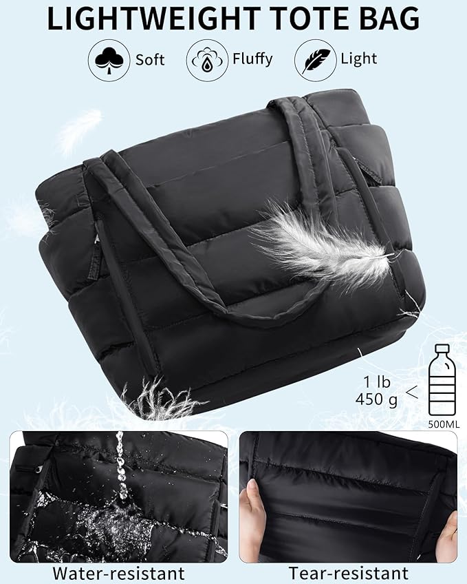 Bagstellar Puffer Tote Bag for Women, Lightweight Puffy Work Handbag Teacher Nurse Quilted Shoulder Bag for School Travel Gym | Cloud Bag w/ Zipper, Daily College Bags, 15.6" Computer Bag, Clinical Nursing Bag, 40 OZ Tumbler Holder, Ideal Gift for Women