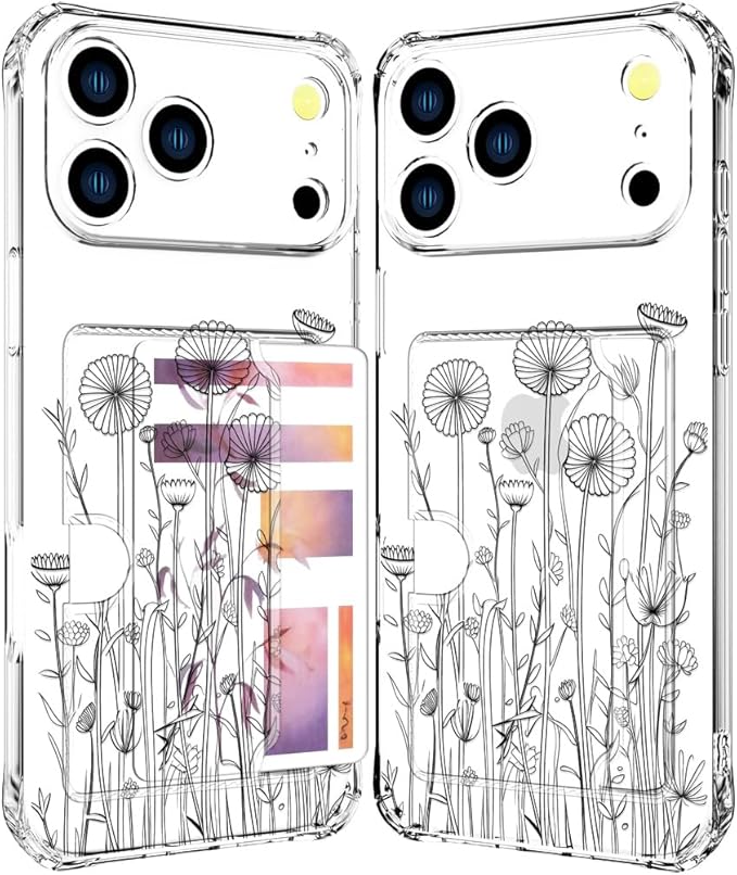 Compatible with iPhone 17 Pro Case Card Holder for Women Cute Design,Wallet Phone Cases Transparent Cool Kawaii Protective (Clear Black Flower Bouquet)