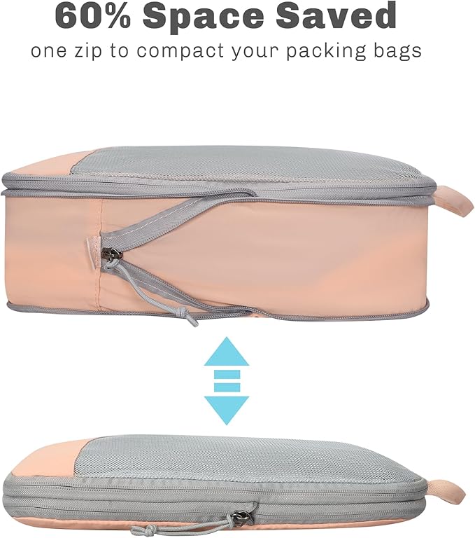 Hynes Eagle 6 Set/ 4 Set/ 2 Set Compression Packing Cubes Travel Essentials Lightweight Nylon Luggage Suitcase Organizer Bag Light Pink 2PCS