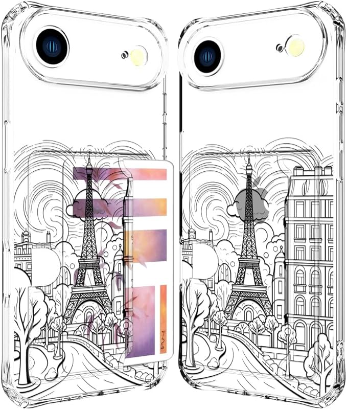 Compatible with iPhone 17 Air Case Card Holder for Women Cute Design,Wallet Phone Cases Transparent Cool Kawaii Protective (Clear Paris City Eiffel Tower)