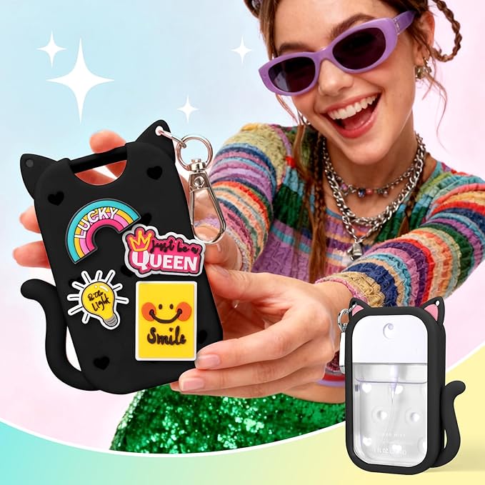 Juome Silicone Case for Touchland Hand Sanitizer Spray with Keychain & Charms, Cat Protective Holder Compatible with Touchland Power Mist & Glow Mist 1 FL Oz/30ML,Travel Cover Sleeve Accessory (Black)