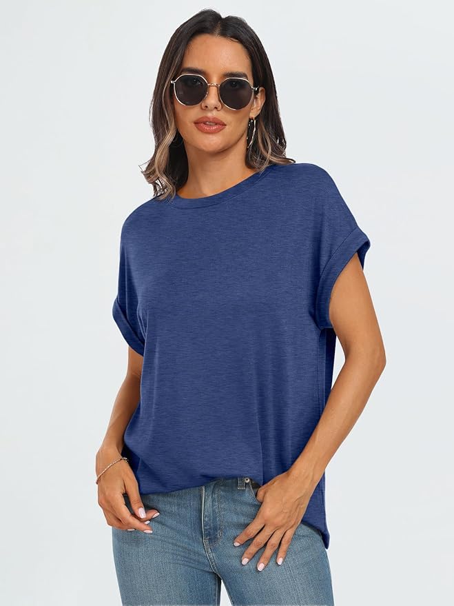 AUTOMET Women's Oversized Short Sleeve T Shirts Casual Drop Shoulder Rolled Cuff Summer Tops for Work, Travel and Lounge