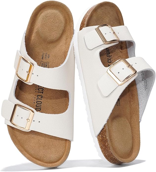 Project Cloud 100% Genuine Leather Flat Sandals For Women 2026 Cork Footbed Womens Sandals with Memory Foam and arch support Vacation Essentials Slides for Women Footwear (Venita)