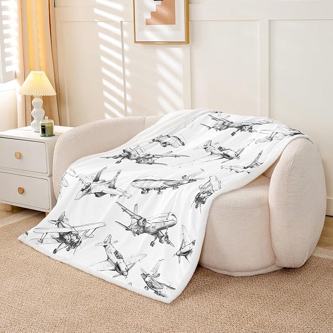 Airplane Kids Throw Blanket,American Aircraft Vintage Toddler Bed Blanket for Girls Boys Adults,Air Vehicles Air Plane Fleece Blanket,Black White Fuzzy Blanket,40 x 50 Inches