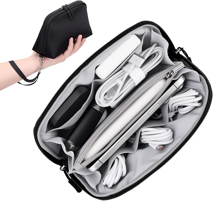 FYY Travel Cable Organizer - 8 Compartments Lightweight Water Resistant Tech Pouch with Wrist Strap, Portable Electronic Accessories Case for Cord Charger Storage for Travel Home Office, Black (Small)