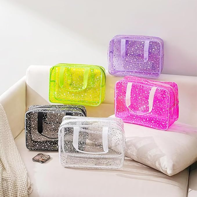 SxoSyo Clear Makeup Bags Large Toiletry Bag for Women Transparent Cosmetic Bag with Handle Travel Essential Bathroom Organizer (Green Star)