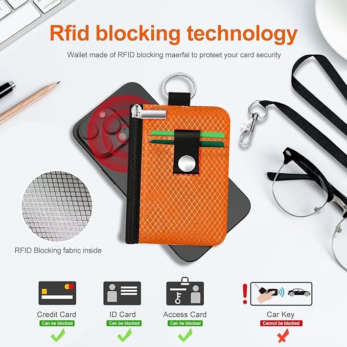 Minimalist RFID Blocking Small Wallet with ID Window,WaterResistant Zip Id Case Wallet with Lanyard Keychain for Cards,Cash,Travel,Women,Men (Orange)