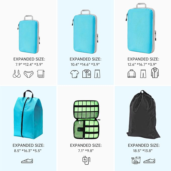 NiHome Compression Packing Cube 6PCS Set Expandable Travel Bag Luggage Organizers Electronic Cable Cord Charger Organizer Drawstring Bag for Trip Home Storage Travel Gear Accessories (Blue/Black/Grey)