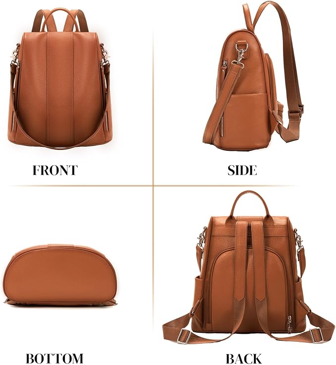 Leather Backpack Purses, Anti-theft Genuine Leather Backpack Bags for Women, Large Capcacity Fashion Convertible Shouler Bags for School Travel Daily