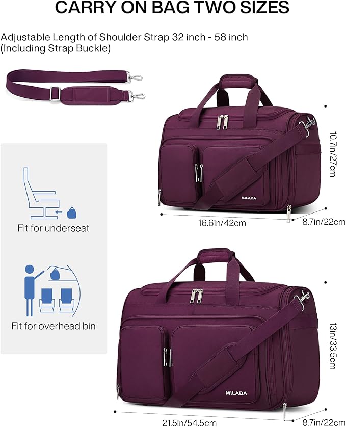 MILADA Carry On Luggage Bags for Travel Lightweight Personal Item Travel Bag Foldable Large Duffle Bag for Travel Tote Overnight Bags for Women Mens Weekender Bags, Purple