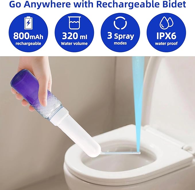 Portable Bidet for Travel & Postpartum Care - 320ML Handheld Peri Bottle with 3 Pressure Settings & 800mAh Battery, IPX6 Waterproof for Women Hygiene and Outdoor Use (Purple, 320ml)