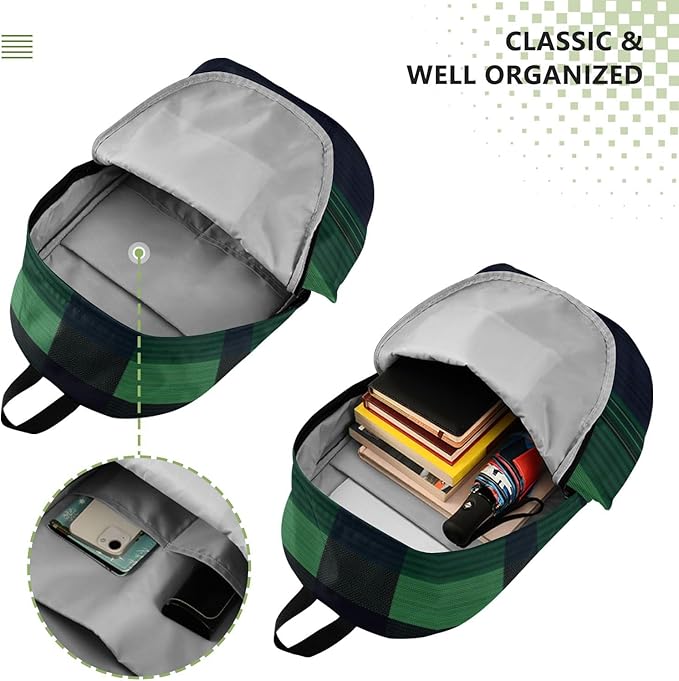 Anti Theft Backpack Laptop Bag Laptop Bag 15.6 Inch for Women & Men Outing Work Family TravelBuffalo Plaid Check Navy Blue Green