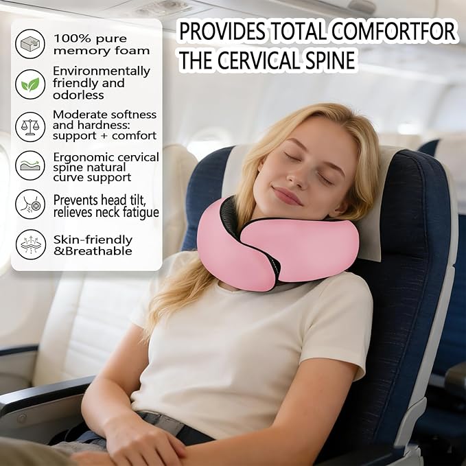 Travel Neck Pillow- 360° Ergonomic Memory Foam Travel Neck Pillow Airplane,Premium Breathable Relief Neck Pain for Long Flights,Car & Office（Pink