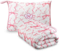 Gilprop Pink Bow Travel Blanket Airplane Compact with Bag 2 in 1 Soft Preppy Fleece Travel Blanket and Pillow Set with Luggage Sleeve Backpack Clip Compact Lightweight Airplane Essentials