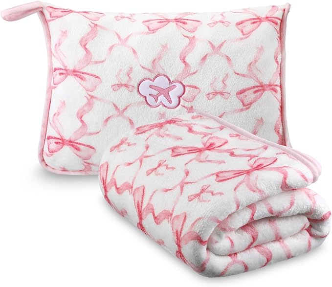 Gilprop Pink Bow Travel Blanket Airplane Compact with Bag 2 in 1 Soft Preppy Fleece Travel Blanket and Pillow Set with Luggage Sleeve Backpack Clip Compact Lightweight Airplane Essentials
