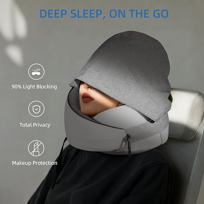 Travel Pillow, Hooded Neck Pillow Airplane for Sleeping, Memory Foam Traveling Pillow for Long Flights, Portable Plane Accessories (Charcoal Black)