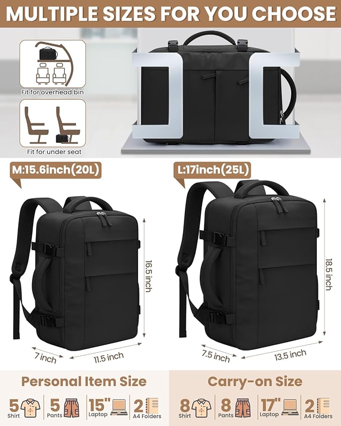 Pritent Travel Backpack for Women Man, Waterproof Personal Item Travel Bag Airline Approved Laptop Backpack Bookbag Weekender bags for Business,Travel, Work Fits 15.6 inch Laptop(Medium,Black)