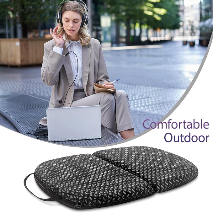 Foldable Gel Seat Cushion for Travel, Portable Chair Cushion of Airy Cooling Gel, Honeycomb Seat Cushion for Stadium & Park Bench, Portable Chair Cushion for Pressure Relief (0.9-Inch Thick, Black)
