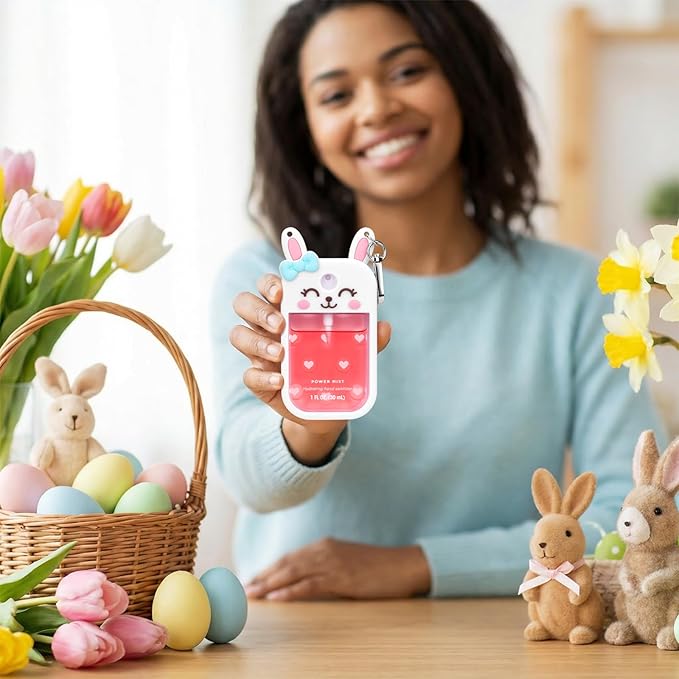 Metyond Rabbit Silicone Case for Touchland Hand Sanitizer Spray with Keychain, Compatible with Power Mist or Glow Mist 1 FL OZ/30ML for Touchland Case, Cute Travel Case for Easter Gifts (1 Pcs White)