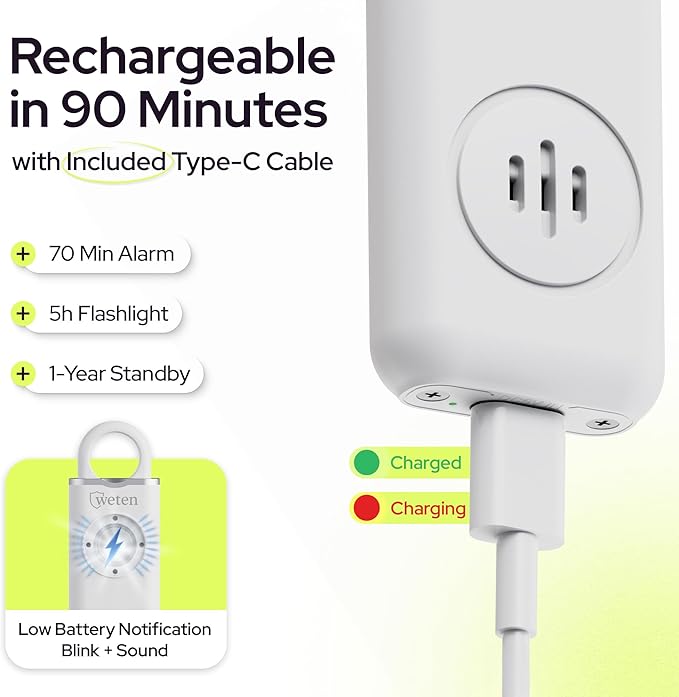 Personal Alarm for Women Safety - 130dB Loud Rechargeable Keychain Siren - LED Light, Carabiner Clip, Low Battery Alert, USB-C Charging TSA Safe Self Defense Alarm by Weten (White)