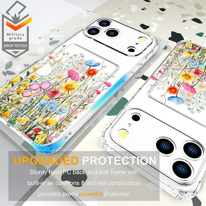 Compatible with iPhone 17 Pro Max Case Card Holder for Women Cute Design,Wallet Phone Cases Transparent Cool Kawaii Protective (Clear Flowers Herbs Wild Plants)