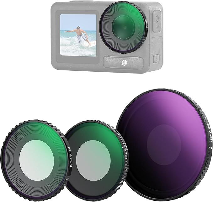 NEEWER ND Filter Kit Compatible with DJI Osmo Action 5 Pro/4, Variable ND8-32 (3-5 Stops) + CPL + Black Diffusion 1/4 Screw On Filter Multicoated HD Optical Glass Action Camera Accessories, FL-52