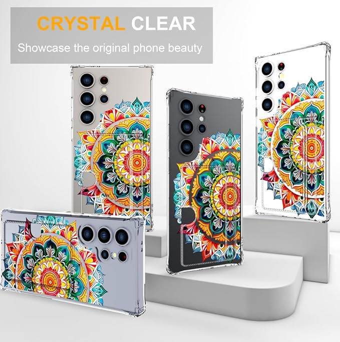 Compatible with Samsung Galaxy S24 Ultra Case Card Holder for Women Cute Design,Wallet Phone Cases Transparent Cool Kawaii Protective (Clear Mandala Henna Flower)