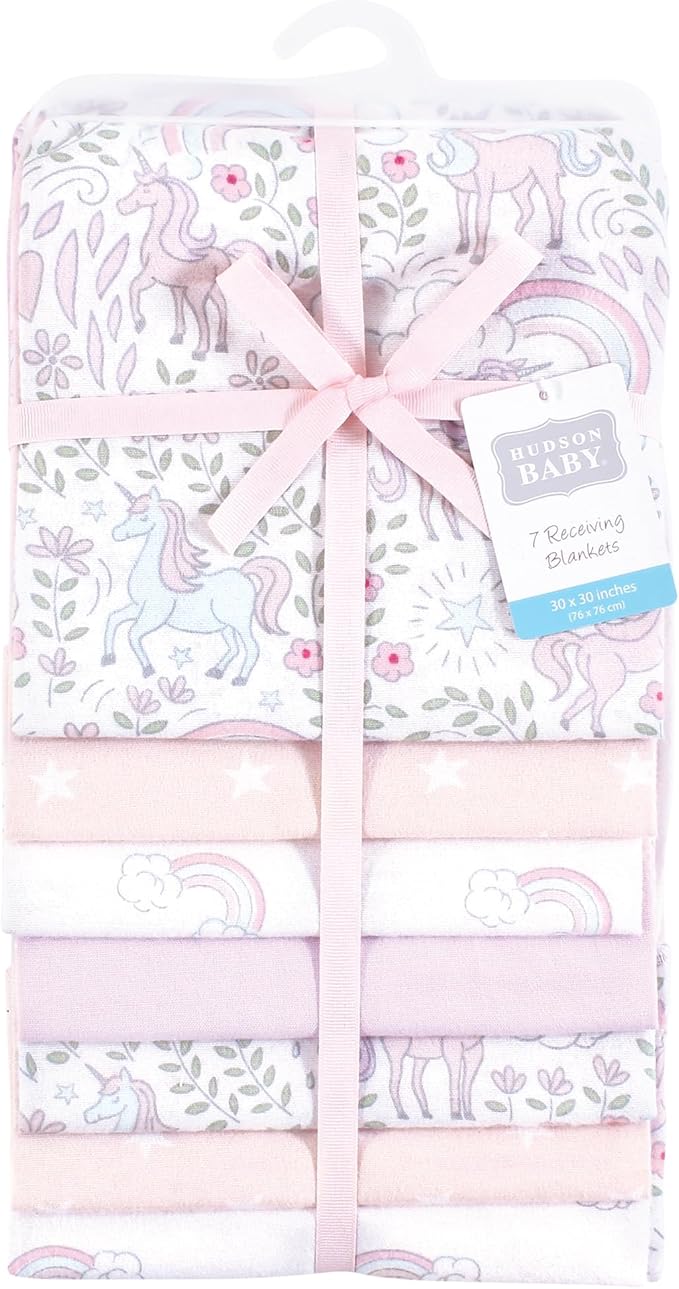 Hudson Baby Unisex Baby Cotton Flannel Receiving Blankets Bundle, Dreamy Unicorn, One Size