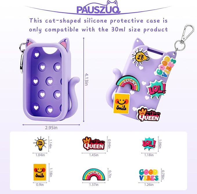 Cat Silicone Case with Keychain & 6 Accessories, Compatible with Touchland Hand Sanitizer Spray Power Mist 1 FL OZ/30ML, Featuring Croc-Style Decorative Holes (Purple)