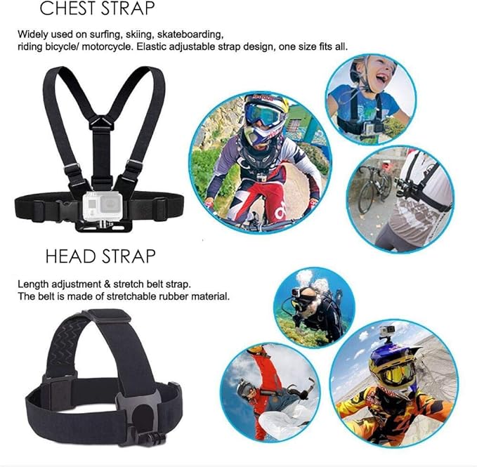 Action Camera Accessories Head Strap Mount Chest Harness Compatible with AKASO EK7000 Brave 4 Brave 7 LE V50X Native/GoPro HERO 13 12 11 10 9 8 7 6 5/VEMONT/Dragon Touch/ODDV/HLS/Apexcam/REMALI