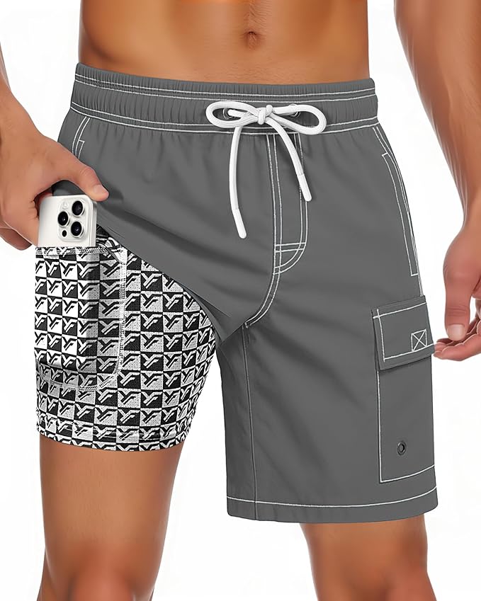 Men Swim Trunks with Compression Liner Quick Dry Breathable Multi Pockets for Summer Beach Cruise Water Park