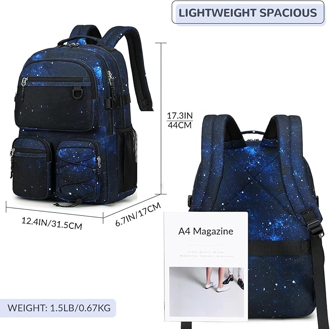 Lohol Multi-Pocket Backpack for Travel College, Heavy Duty Big Bookbag with 15.6 inch Laptop Compartment (Black Blue Galaxy