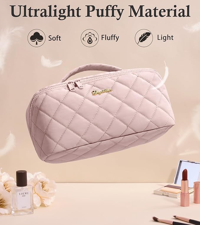 Travel Makeup Bag, 3 Pcs Large Capacity Puffy Toiletry Bag for Women, Open Flat Quilted Make up Cosmetic Organizer w/Handle & Clear Divider Water-resistant Portable Pouch Travel Essentials, M-Oatmeal