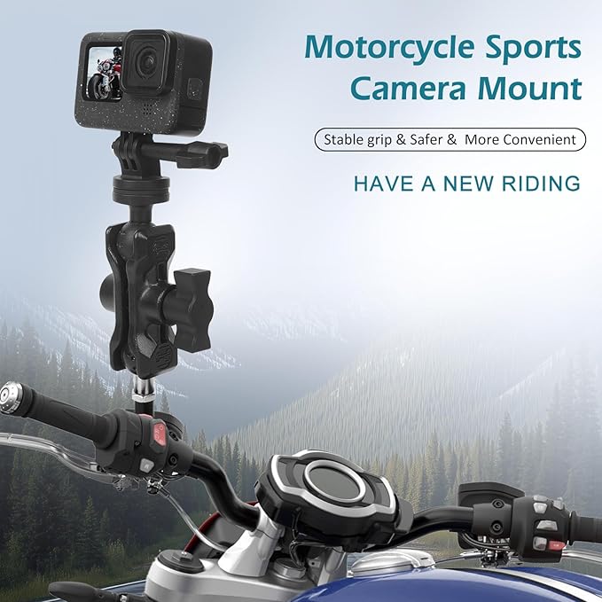 Camera Mount with 360°Dual Ball Head, Motorcycle Handlebar Mounting Bundle Kit for lnsta360 X5/X4/X3/ Gopr0//LED Light, 1/4"-20 & Tripod Adapter, Action Camera Mount Adapter for M8 Hole Base,75018
