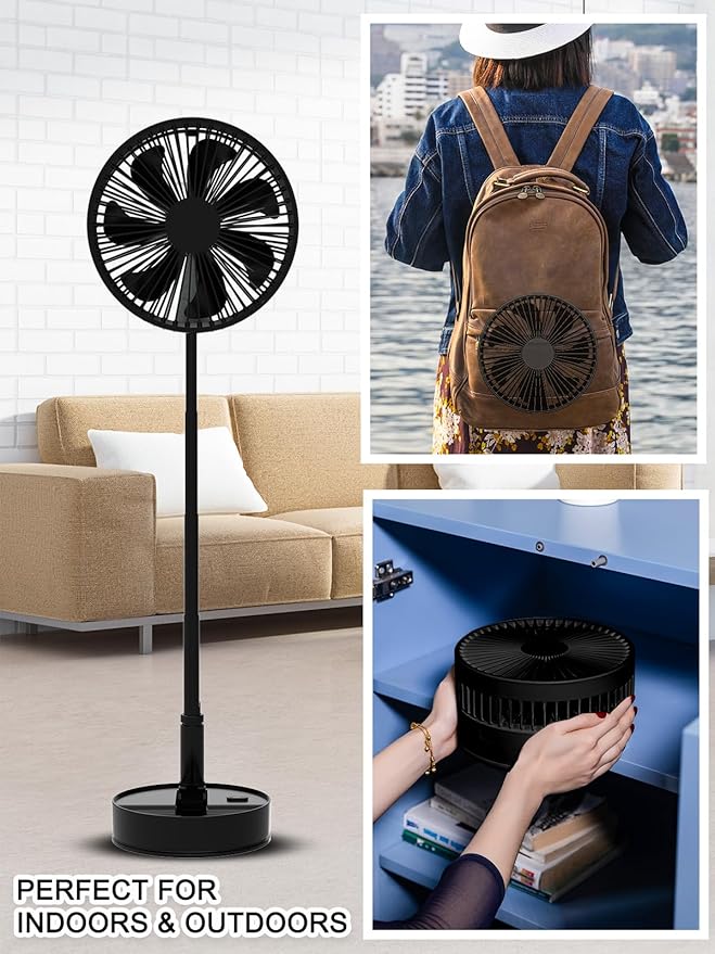 UN UNITEDTIME Foldable Fan Foldaway with Remote Control, 7200mAh Rechargeable Battery Powered Pedestal Fan for Camping, 4 Speed, Timer, Portable Table for Travel, Outdoor, Home (Black)